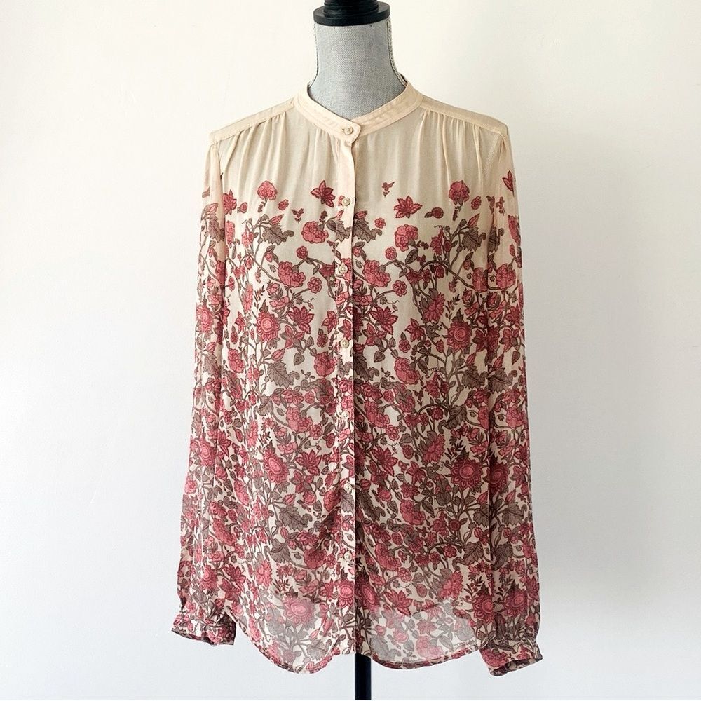 Lucky Brand Blouse sz L Pink & Cream Floral Syphon Seer Boho Cottage Victorian